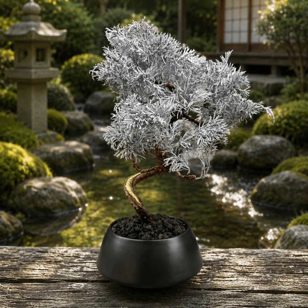 Silver preserved bonsai in a black pot beside a stone lantern